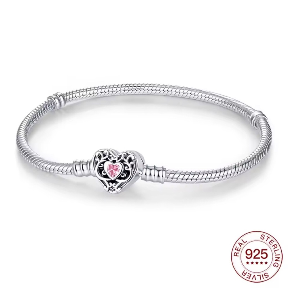 Sterling Silver Heart Charm Bracelet with Pink Stone